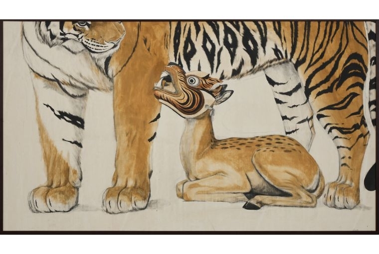 The Predator As The Prey: Zimbiri’s Dear Tiger  Dear Tiger 1B, 2026. 39.5 x 70 in, 100.3 x 177.8 cm. Saa-tchen on rhay-shing.