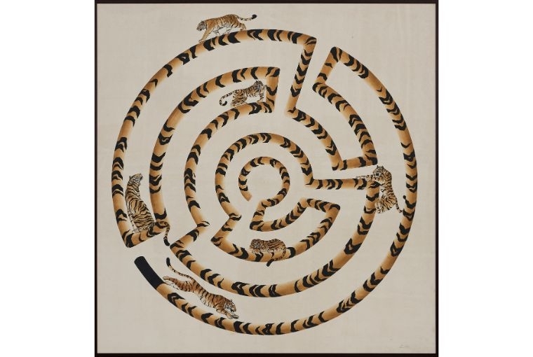 The Predator As The Prey: Zimbiri’s Dear Tiger  Maze 6B, 2026. 60 x 62 in, 152.4 x 157.5 cm. Saa-tchen on rhay-shing.