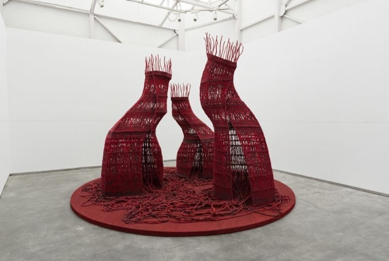 Trace  Chanakya School Dwelling, 2025  Hand-sculpted armature wrapped with cotton thread 6.2 x 3.7 feet 7.8 x 4.2 feet 8.3 x 3.7 feet