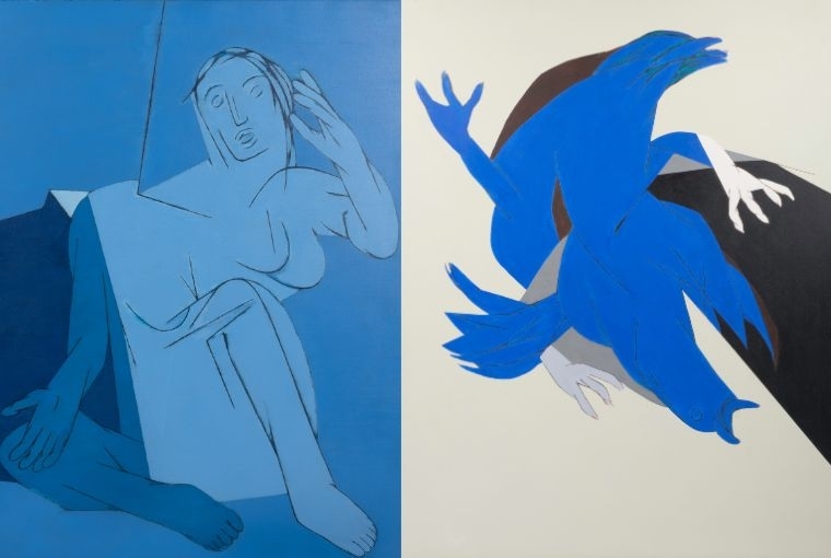 Tyeb Mehta: Bearing Weight (With the Lightness of Being)  L: Tyeb Mehta, Blue Painting, Oil on Canvas 45.5 × 35.5 in R: Tyeb Mehta, Falling Bird, 1999, Acrylic on canvas, 59 x 47 in. In Collection: Kiran Nadar Museum of Art Copyright: Tyeb Mehta Foundation