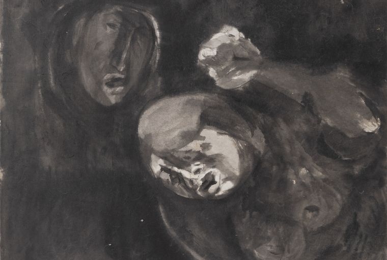 Tyeb Mehta: Bearing Weight (With the Lightness of Being)  Tyeb Mehta Untitled (Trojan Women), 1967 Chinese ink on rice paper 19.5 × 25 in Collection: Kiran Nadar Museum of Art Copyright: Tyeb Mehta Foundation