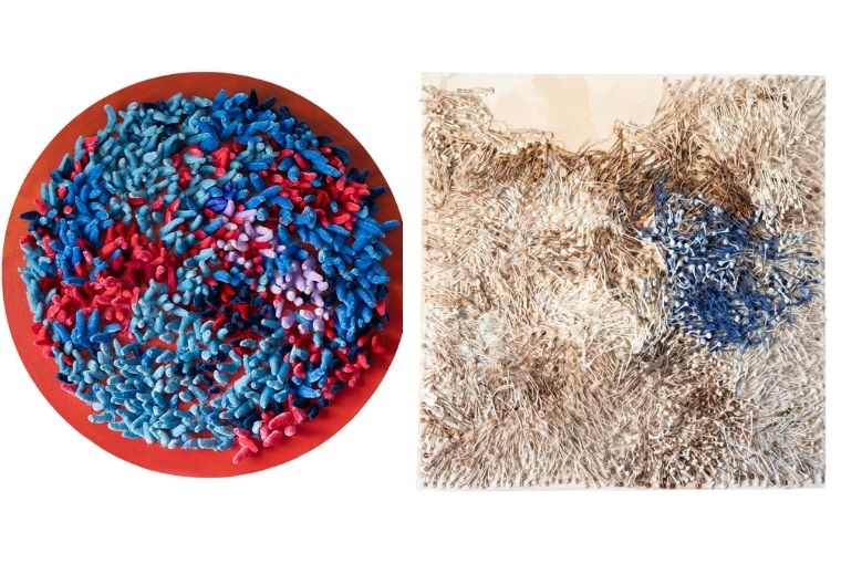 Whispered Continuum L: Smriti Dixit, Rustling, Cloth, Found Objects & Acrylic Paint on Canvas, 24 inches(dia), 2025 R: Smriti Dixit, Rustling, Cloth, Found Objects & Acrylic Paint on Canvas, 48x48 Inches, 2025