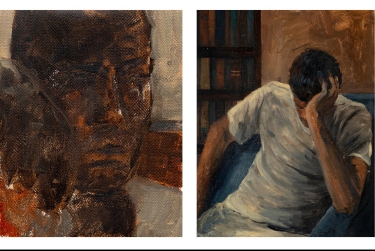 Zaam Arif The Stranger II, Oil on Linen  10.25 x 8 in 2023 (left) | Disquiet Oil on linen  30 x 24 in 2023 (right)